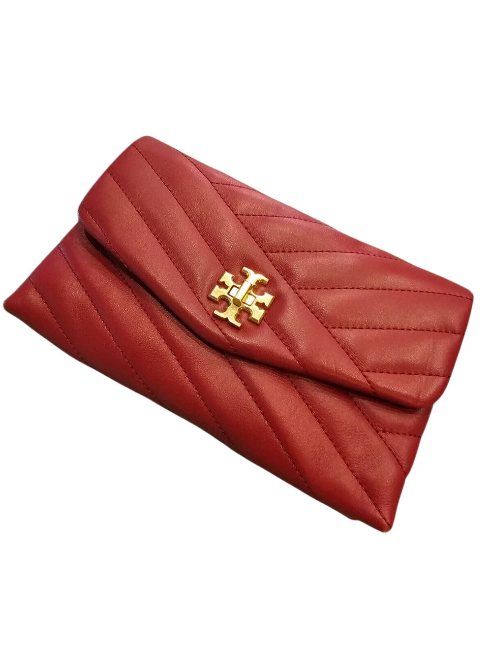 Tory Burch Kira Chevron Chain Wallet Bright Red Leather Gold Bag